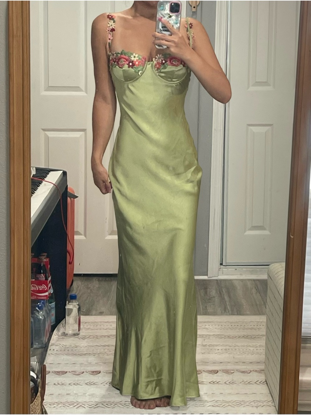 Princess Polly Olive Satin Maxi Dress with Floral Embroidered Bust - Picture 2 of 4